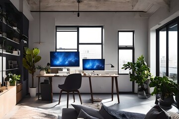 Cozy, Modern home office workplace with computer and desk, wooden floor, natural light, and rug with a big window view of the city