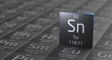 Tin element periodic table, metal mining 3d illustration