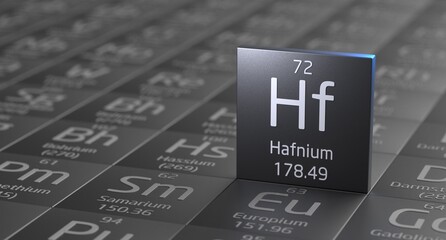 Hafnium element periodic table, metal mining 3d illustration