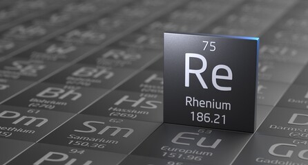 Rhenium element periodic table, metal mining 3d illustration