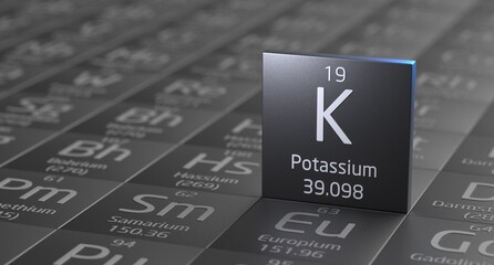 Potassium element periodic table, metal mining 3d illustration