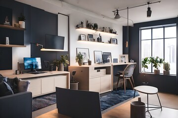 Cozy, Modern home office workplace with computer and desk, wooden floor, natural light, and rug with a big window view of the city