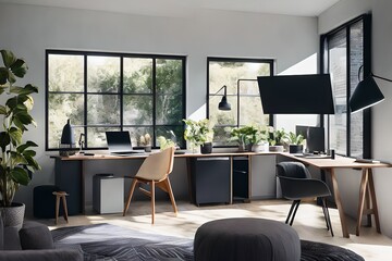 Cozy, Modern home office workplace with computer and desk, wooden floor, natural light, and rug with a big window view of the city