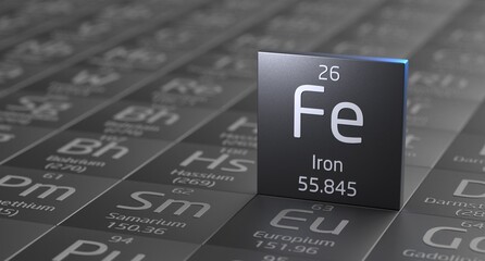 Iron element periodic table, metal mining 3d illustration