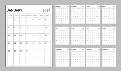 Monthly calendar template for 2024 year, planner 2024 template, Week Starts on sunday, wall calendar 2024 year, planner minimal design, Set of 12 Months, organizer stationery, vertical calendar vector