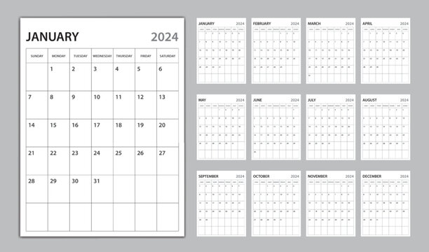 Monthly calendar template for 2024 year, planner 2024 template, Week Starts on sunday, wall calendar 2024 year, planner minimal design, Set of 12 Months, organizer stationery, vertical calendar vector