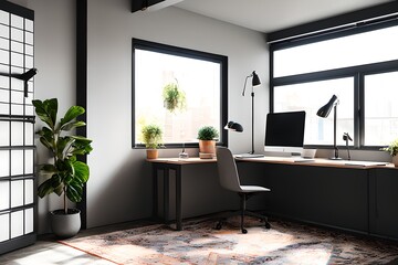 Cozy, Modern home office workplace with computer and desk, wooden floor, natural light, and rug with a big window view of the city