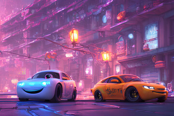 Obraz na płótnie Canvas Cute cars in cyberpunk universe. Created with AI