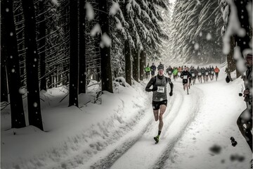 runner, running, race, winter, winter race, people, crowd, forest, cold, snowing, AI, Generated