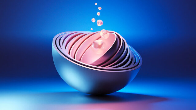 Spherical objects with rising drops of water. 3D render