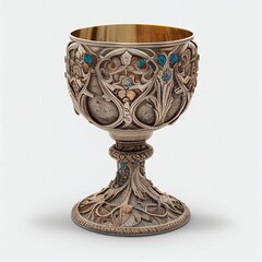 Ornate, ancient antique chalice isolated on a white background - obrazy, fototapety, plakaty