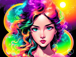 Fototapeta premium Young Cartoon Woman with Abstract / Surreal Surroundings and a Prismatic Color Scheme, Generative AI Image