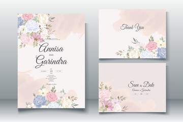 Elegant wedding invitation card with beautiful colorful floral and leaves template Premium Vector