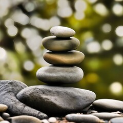 Balanced tower of stacked stones on the soft nature green background. Calm, zen and meditation. Generative AI