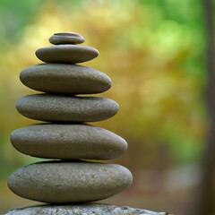 Balanced tower of stacked stones on the soft nature green background. Copyspace. Calm, zen and meditation. Generative AI