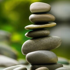 Balanced tower of stacked stones on the soft nature green background. Calm, zen and meditation. Generative AI