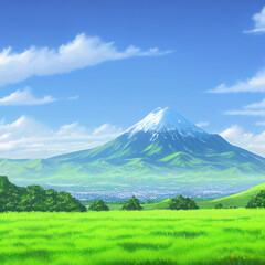 Beautiful landscape mount Fuji. Fuji mount landscape paint style. Green fields and mount Fuji. Generated by AI
