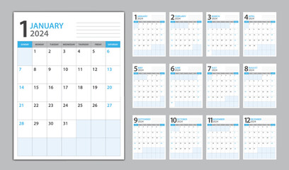 Monthly calendar template for 2024 year blue background, planner 2024 template, Week Starts on sunday, wall calendar 2024 year, planner minimal design, Set of 12 Months, vertical calendar vector