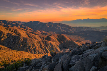 Joshua Tree National Park Landscape Series, Keys View summit at sunset, a high viewpoint with mesas, Coachella Valley, Palm Springs, and Salton Sea, Southern California, USA