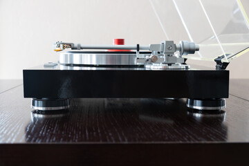 Vintage Stereo Turntable Vinyl Record Tonearm Mechanism Closeup - 557624996
