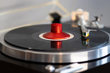 Vintage Stereo Turntable Vinyl Record Tonearm Cartridge Closeup - 557624997