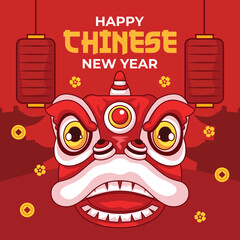 Happy chinese new year banner post with lion dance head