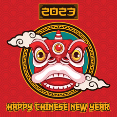 Happy chinese new year banner post with lion dance head