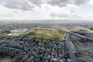 Aerial view towards Sheldon Arleta Park in the northeast San Fernando Valley area of Los Angeles,...