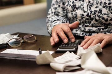 Senior woman checking her bills at home, sitting in her living room