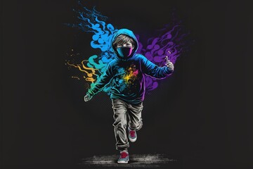 Obraz na płótnie Canvas A boy runs with a colored smoke flyer