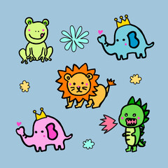 Obraz premium Cute Animal Collection Lion Frog Elephant Dinosaur Flower Design Artwork