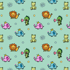 Cute Animal Collection Lion Frog Elephant Dinosaur Flower Allover Seamless Pattern Design Artwork 