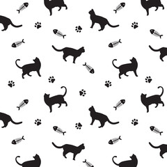 Cute Cat Paw Fishbone Silhouette Allover Seamless Pattern Design Artwork