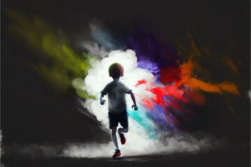A boy runs with a colored smoke flyer