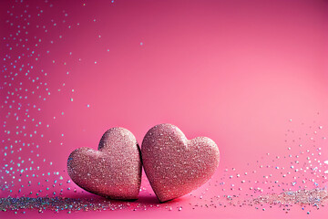 Fototapeta premium Cute Couple Heart Shape On Pink Glitter With Bokeh Lights, Romantic Symbols of Valentine Day Concept