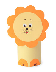 Toy lion made from toilet paper hub on white background. Children's handmade ideas