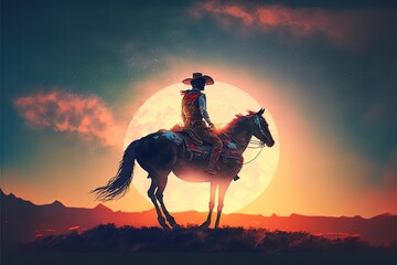 Fototapeta na wymiar A cowboy rides a horse against the background of the sun