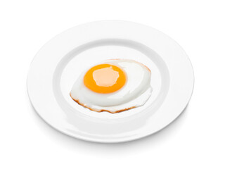 Plate with delicious fried egg isolated on white