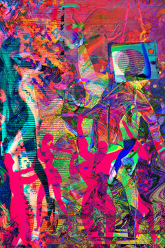 Dancing people in a club, glitch effect. The illustration can be used to promote dance events, discos and festivals.