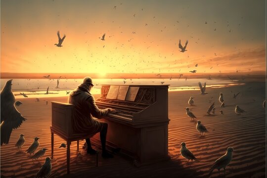 A man plays the piano on the beach at sunset, among a flock of birds