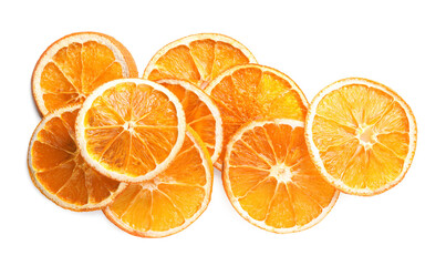 Delicious dry orange slices on white background, top view