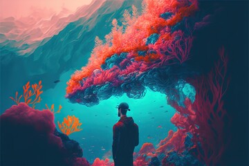 Fototapeta na wymiar A man stands in a colorful coral forest, a fantastic illustration