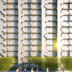 elevation of building, metallic exoskeleton on side of the building, highly detailed structural system for high rise hotel, sunny day + shadows, vray render, cinematic lighting,