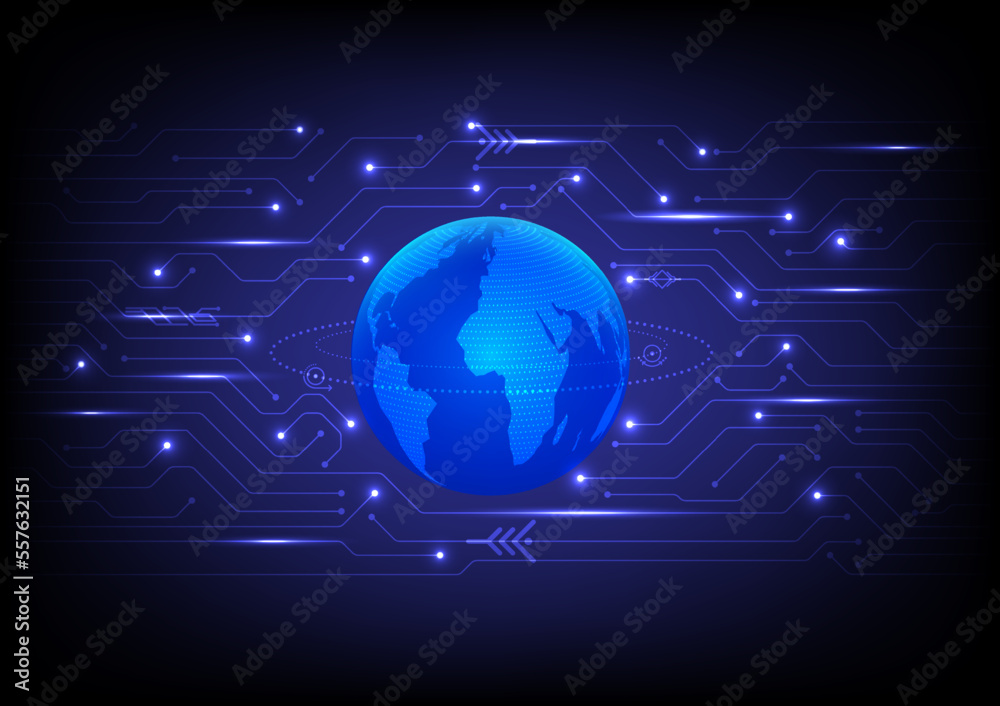Poster abstract background blue bright globe technology has a map on the surface loop point ring and electr