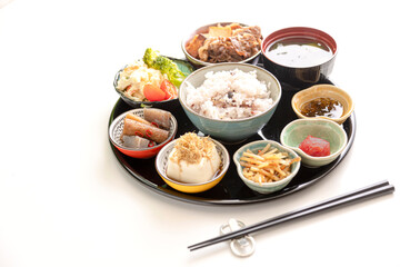 彩りが沢山ある和食、朝食、定食