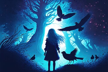 A little girl stands near a huge crow, a fabulous illustration