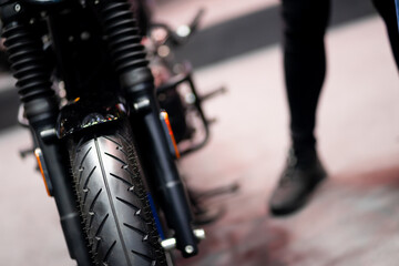 Obraz na płótnie Canvas front view motorcycle wheels vintage black and white color scheme