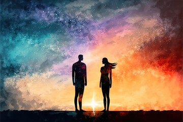 A man and a woman stand against the background of a colorful sunset