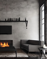 Dark living room loft with fireplace, industrial style , hyper realistic, intricate detail 4k render Generative ai