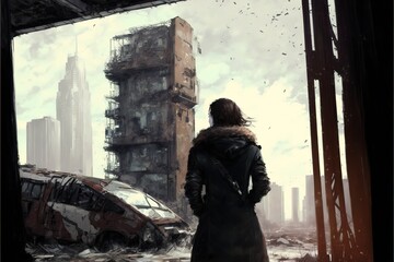 A man stands in a ruined city, futuristic illustration
